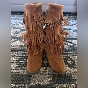 Minnetonka Triple-Fringe Suede Boots - Rust Brown